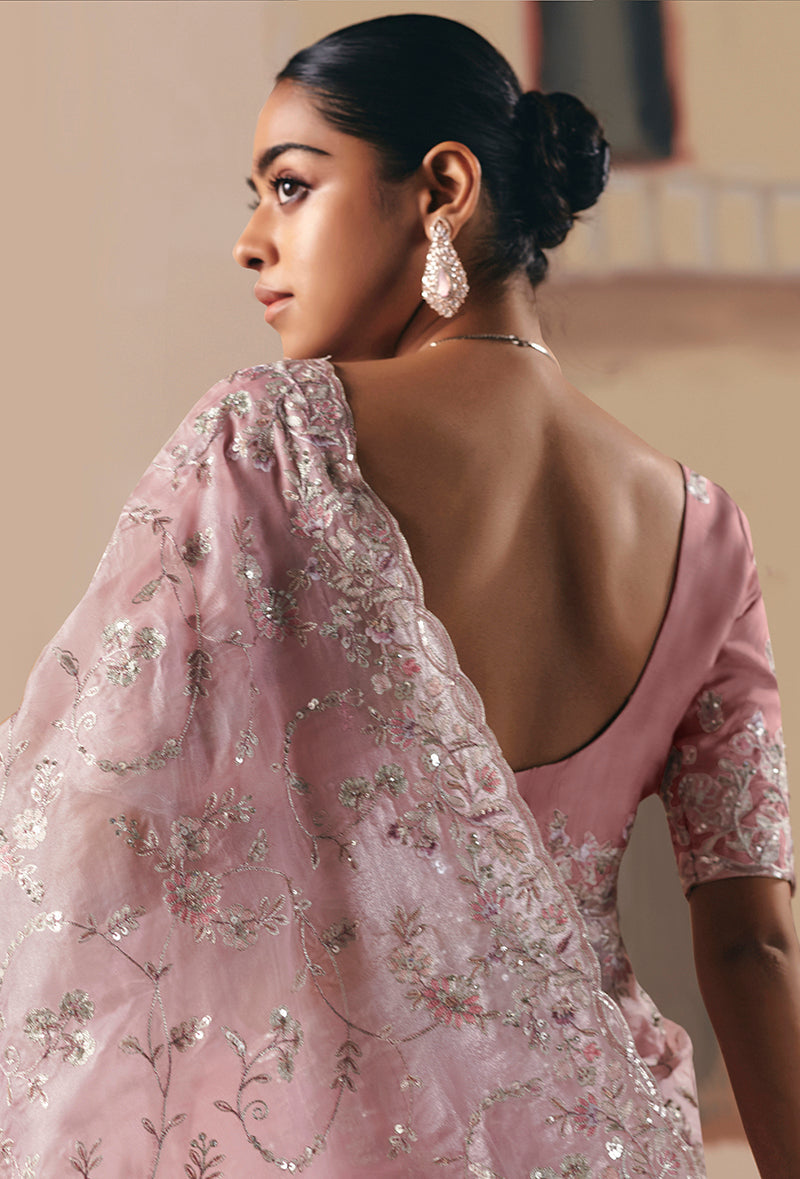 Monjolika Fashion Embroidered Light Pink Fancy Fabric Party Designer Saree | Grocsy