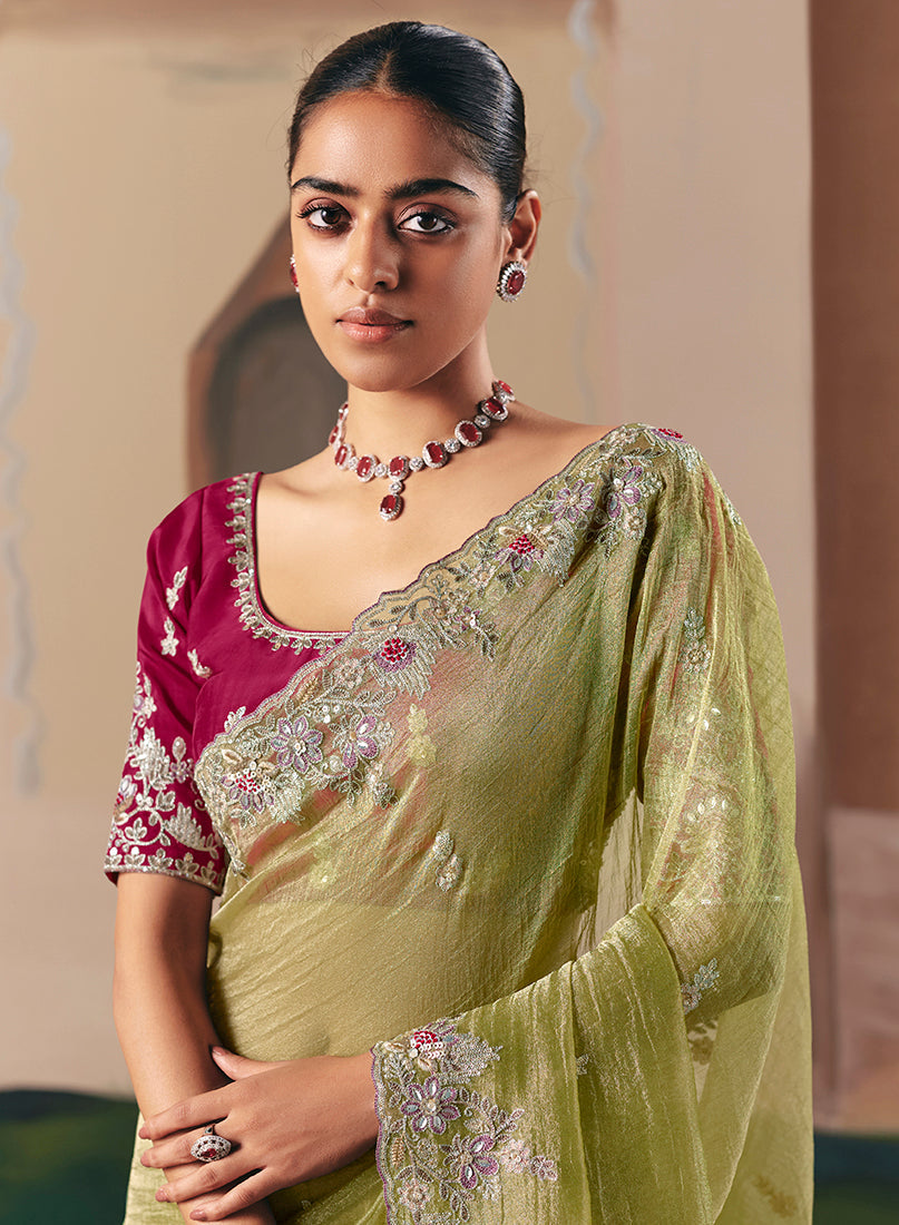 Monjolika Fashion Embroidered Pear Fancy Fabric Party Designer Saree | Grocsy