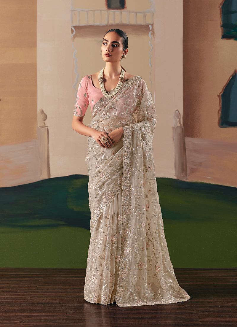 Monjolika Fashion Embroidered Cream Fancy Fabric Party Designer Saree | Grocsy