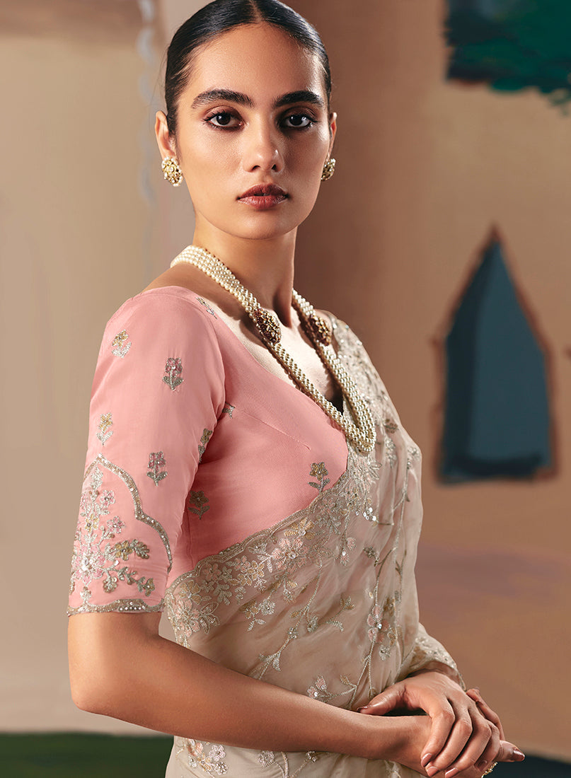 Monjolika Fashion Embroidered Cream Fancy Fabric Party Designer Saree | Grocsy