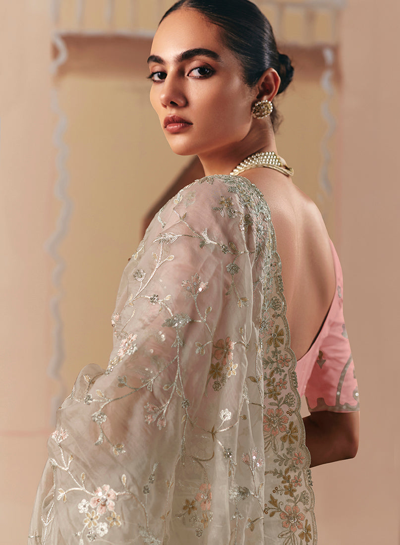 Monjolika Fashion Embroidered Cream Fancy Fabric Party Designer Saree | Grocsy