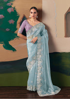 Monjolika Fashion Embroidered Sky Blue Fancy Fabric Party Designer Saree | Grocsy
