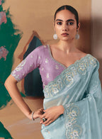 Monjolika Fashion Embroidered Sky Blue Fancy Fabric Party Designer Saree | Grocsy