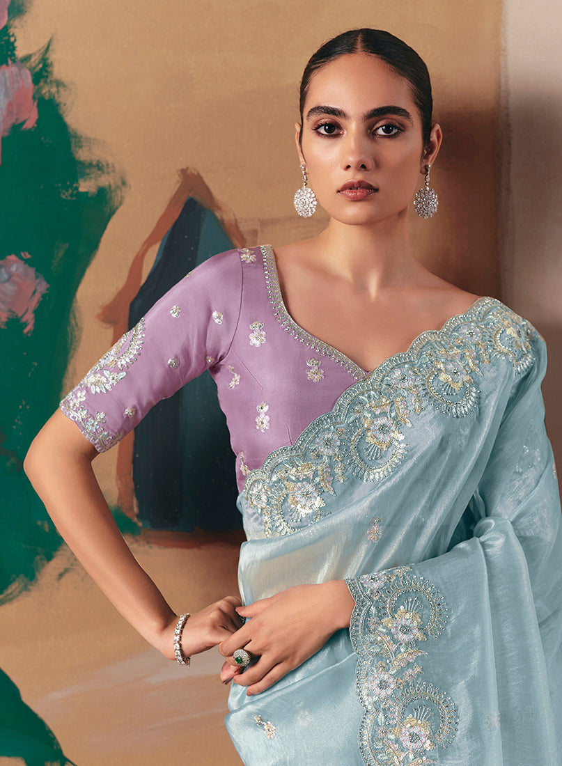 Monjolika Fashion Embroidered Sky Blue Fancy Fabric Party Designer Saree | Grocsy