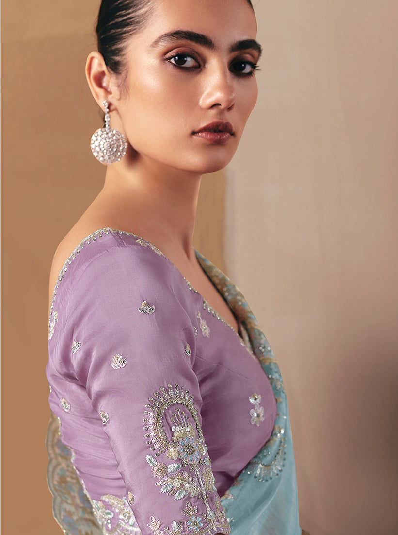 Monjolika Fashion Embroidered Sky Blue Fancy Fabric Party Designer Saree | Grocsy