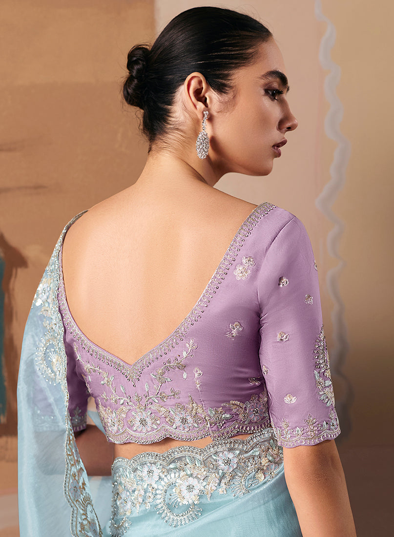 Monjolika Fashion Embroidered Sky Blue Fancy Fabric Party Designer Saree | Grocsy
