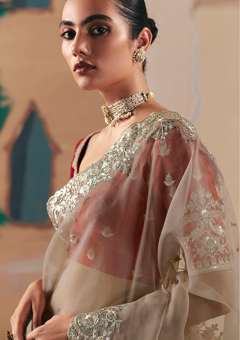 Monjolika Fashion Embroidered Beige Fancy Fabric Party Designer Saree | Grocsy