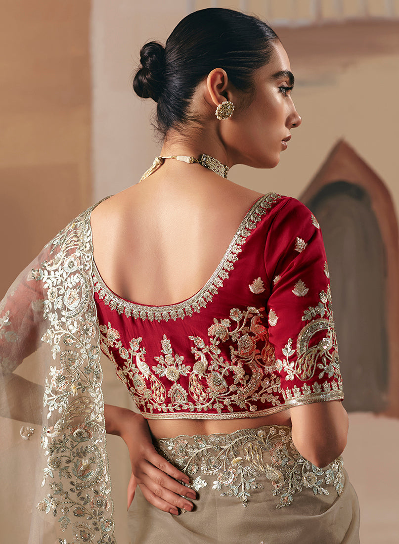 Monjolika Fashion Embroidered Beige Fancy Fabric Party Designer Saree | Grocsy