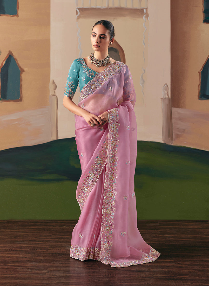 Monjolika Fashion Embroidered Pink Fancy Fabric Party Designer Saree | Grocsy