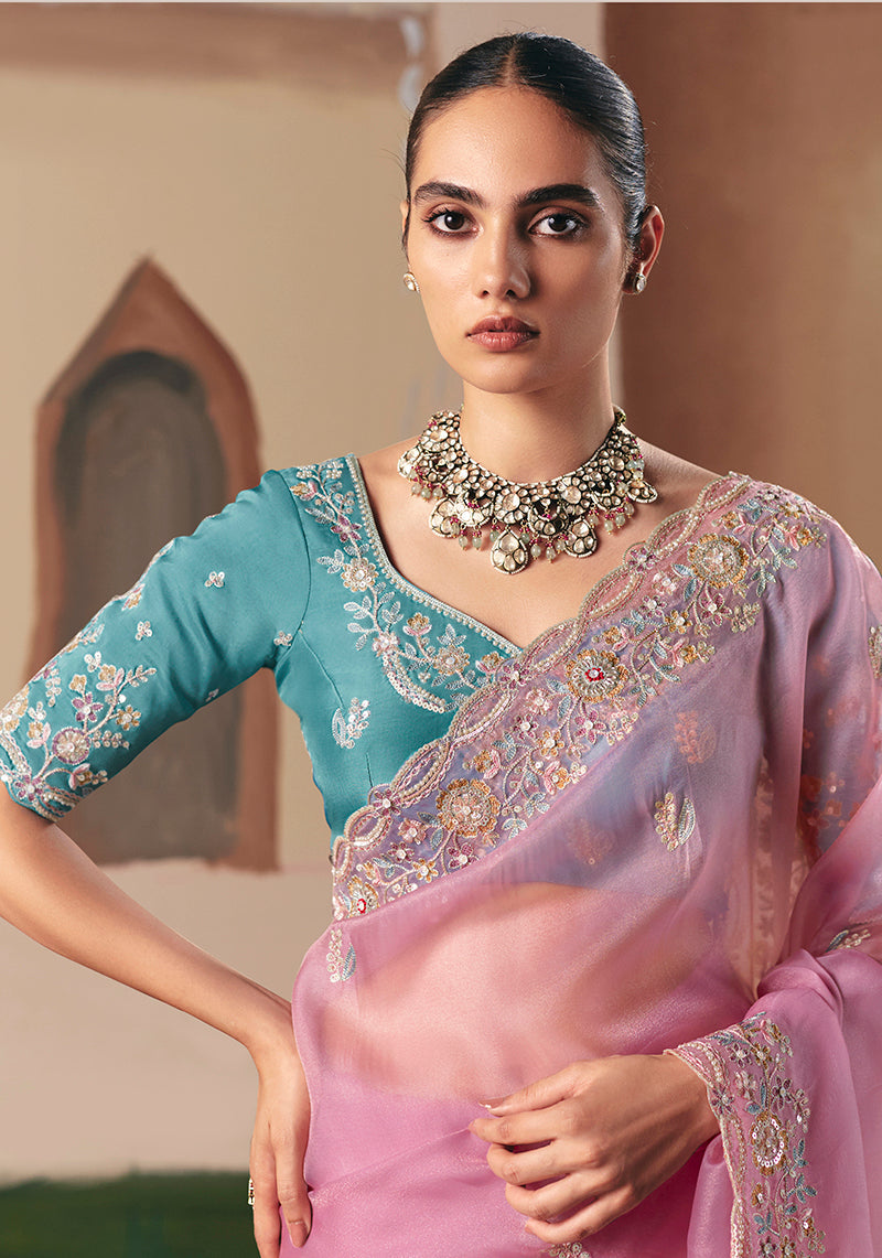 Monjolika Fashion Embroidered Pink Fancy Fabric Party Designer Saree | Grocsy
