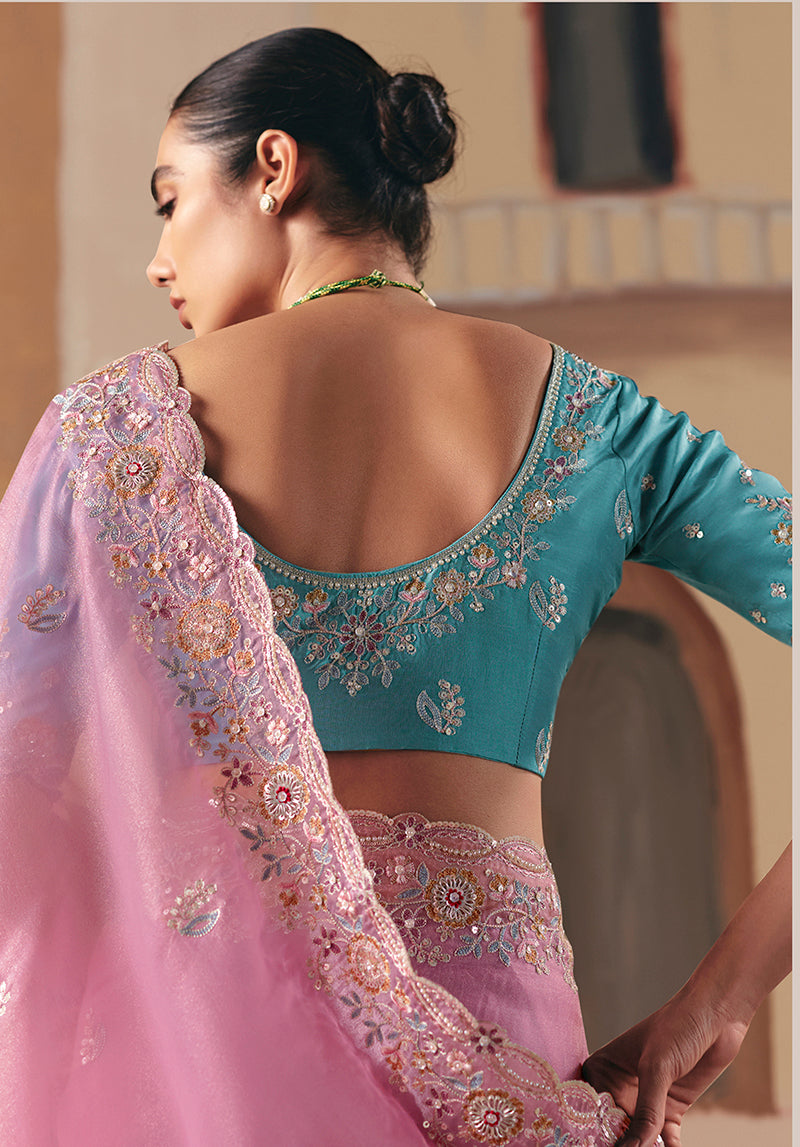 Monjolika Fashion Embroidered Pink Fancy Fabric Party Designer Saree | Grocsy
