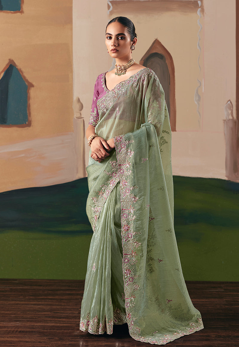 Monjolika Fashion Embroidered Pista Green Fancy Fabric Party Designer Saree | Grocsy