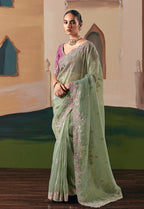 Monjolika Fashion Embroidered Pista Green Fancy Fabric Party Designer Saree | Grocsy