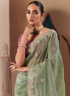 Monjolika Fashion Embroidered Pista Green Fancy Fabric Party Designer Saree | Grocsy