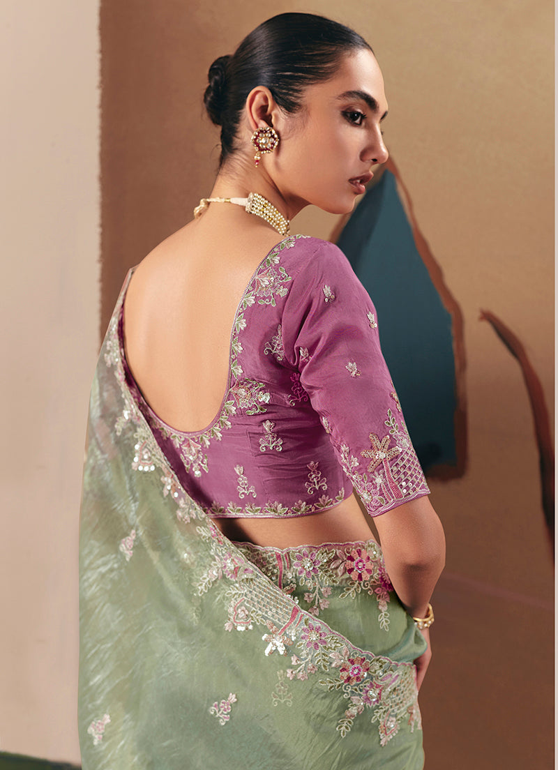 Monjolika Fashion Embroidered Pista Green Fancy Fabric Party Designer Saree | Grocsy