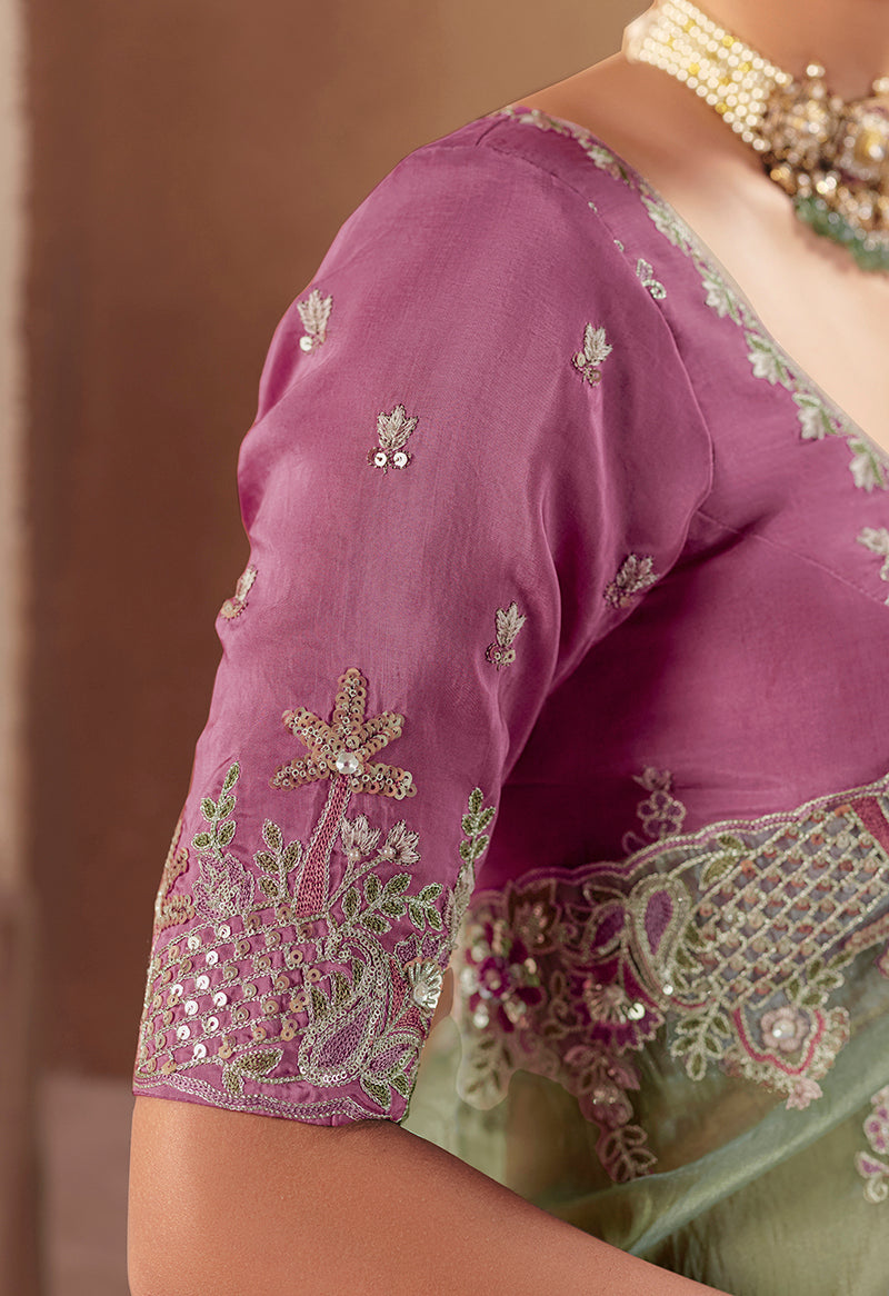 Monjolika Fashion Embroidered Pista Green Fancy Fabric Party Designer Saree | Grocsy