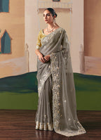 Monjolika Fashion Embroidered Grey Fancy Fabric Party Designer Saree | Grocsy