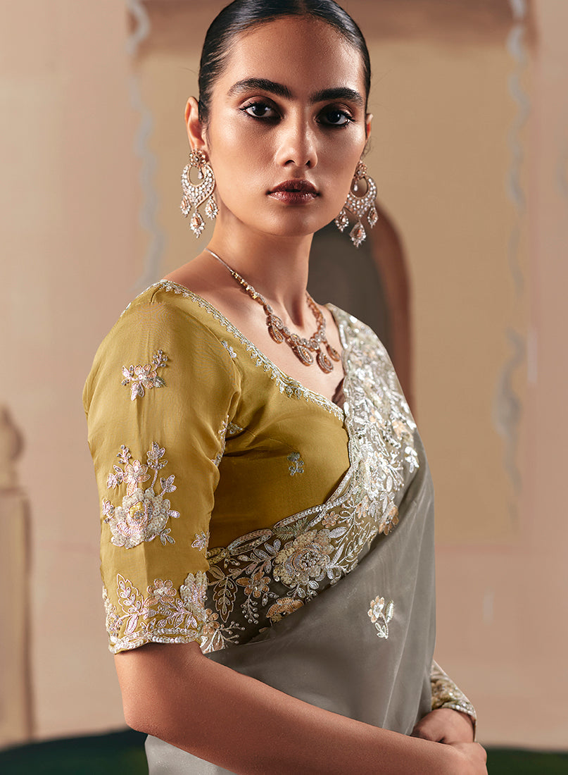 Monjolika Fashion Embroidered Grey Fancy Fabric Party Designer Saree | Grocsy