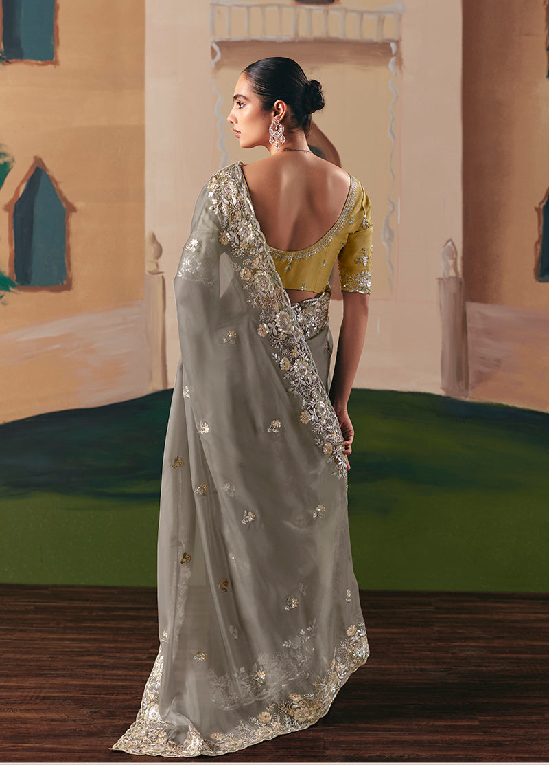 Monjolika Fashion Embroidered Grey Fancy Fabric Party Designer Saree | Grocsy