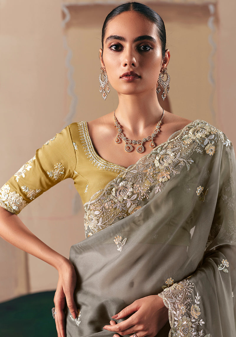 Monjolika Fashion Embroidered Grey Fancy Fabric Party Designer Saree | Grocsy