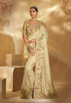 Monjolika Fashion Surpassing Cream Embroidery Cut Dana Moti Work Ziraf Silk Saree With Heavy Work Blouse Piece | Grocsy