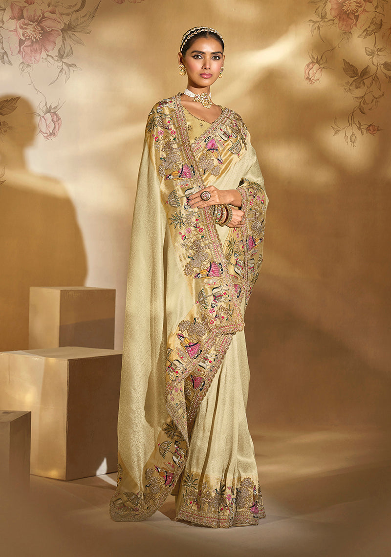 Monjolika Fashion Surpassing Cream Embroidery Cut Dana Moti Work Ziraf Silk Saree With Heavy Work Blouse Piece | Grocsy