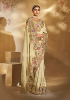 Monjolika Fashion Surpassing Cream Embroidery Cut Dana Moti Work Ziraf Silk Saree With Heavy Work Blouse Piece | Grocsy