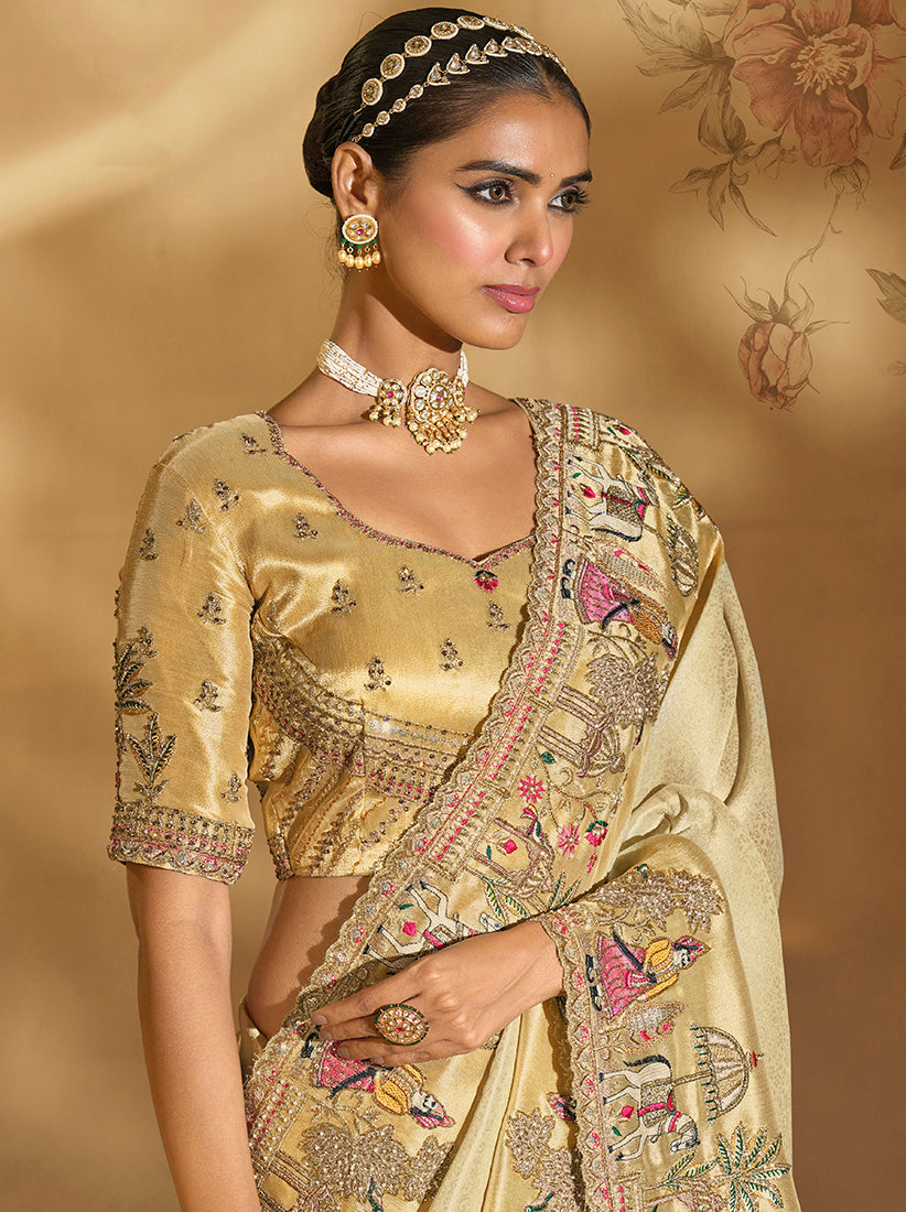 Monjolika Fashion Surpassing Cream Embroidery Cut Dana Moti Work Ziraf Silk Saree With Heavy Work Blouse Piece | Grocsy