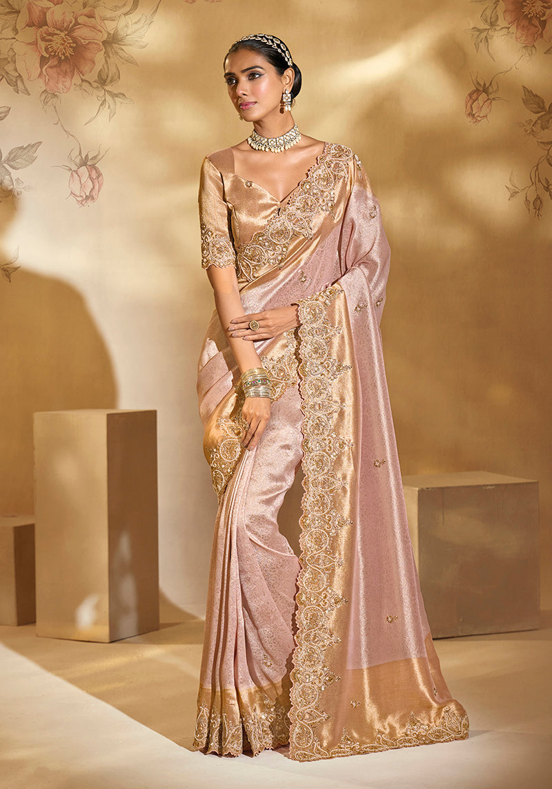 Monjolika Fashion Surpassing Light pink Embroidery Cut Dana Moti Work Ziraf Silk Saree With Heavy Work Blouse Piece | Grocsy