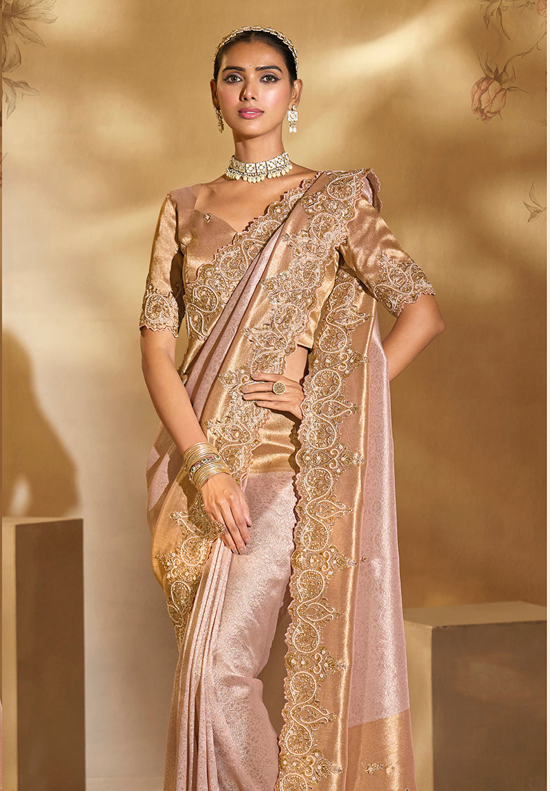 Monjolika Fashion Surpassing Light pink Embroidery Cut Dana Moti Work Ziraf Silk Saree With Heavy Work Blouse Piece | Grocsy