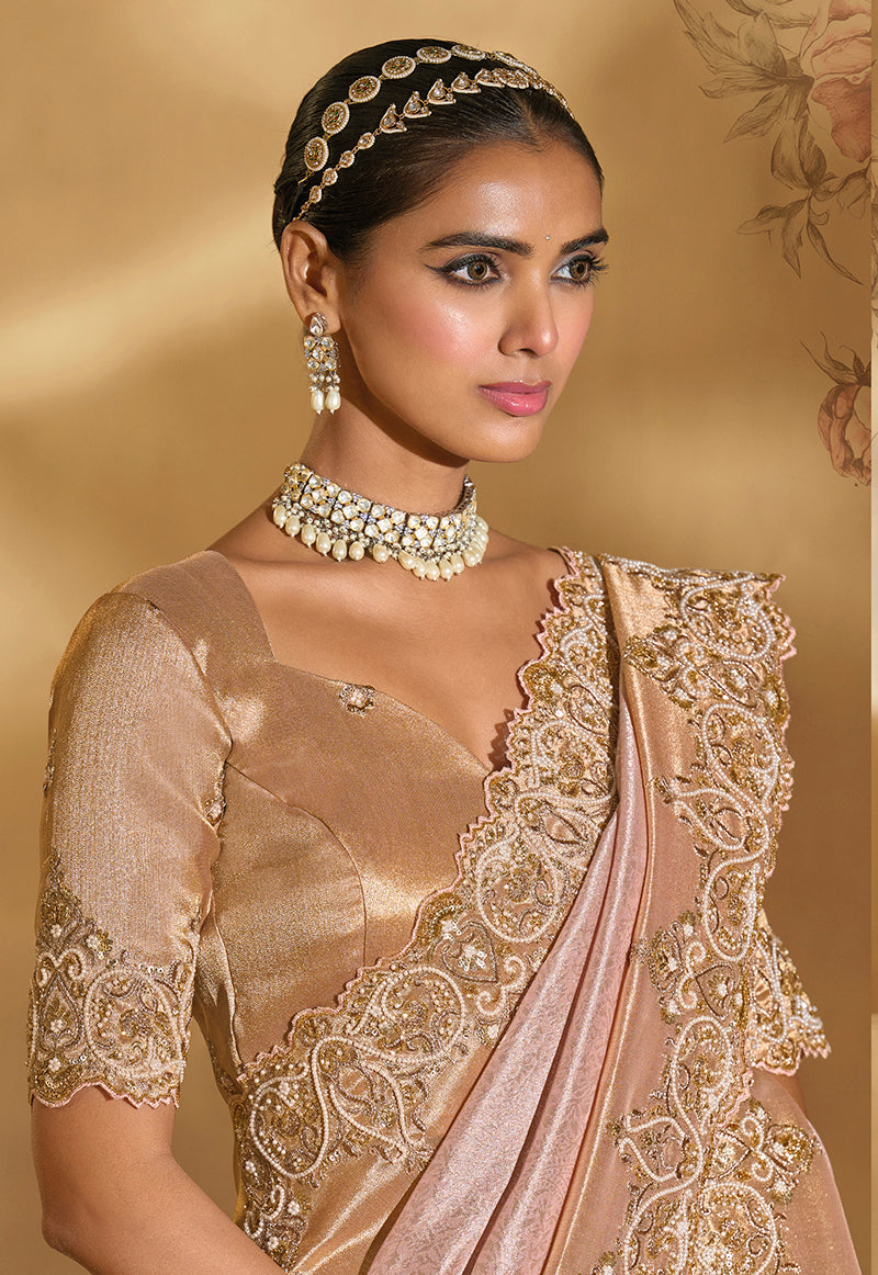 Monjolika Fashion Surpassing Light pink Embroidery Cut Dana Moti Work Ziraf Silk Saree With Heavy Work Blouse Piece | Grocsy