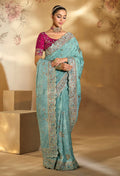 Monjolika Fashion Surpassing sky blue Embroidery Cut Dana Moti Work Ziraf Silk Saree With Heavy Work Blouse Piece | Grocsy