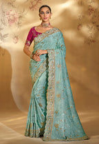 Monjolika Fashion Surpassing sky blue Embroidery Cut Dana Moti Work Ziraf Silk Saree With Heavy Work Blouse Piece | Grocsy