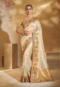 Monjolika Fashion Surpassing Cream Embroidery Cut Dana Moti Work Ziraf Silk Saree With Heavy Work Blouse Piece | Grocsy