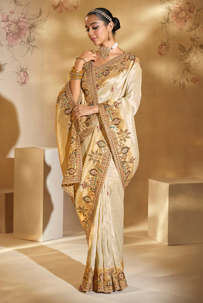 Monjolika Fashion Surpassing Cream Embroidery Cut Dana Moti Work Ziraf Silk Saree With Heavy Work Blouse Piece | Grocsy