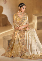 Monjolika Fashion Surpassing Cream Embroidery Cut Dana Moti Work Ziraf Silk Saree With Heavy Work Blouse Piece | Grocsy