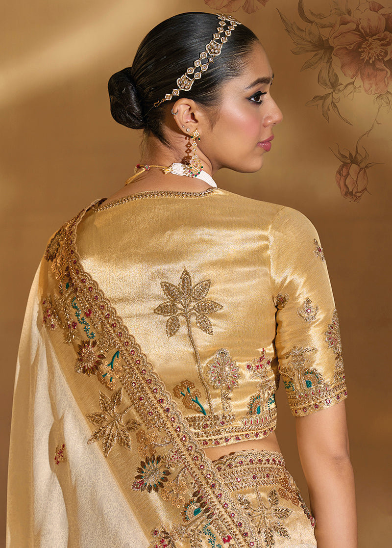 Monjolika Fashion Surpassing Cream Embroidery Cut Dana Moti Work Ziraf Silk Saree With Heavy Work Blouse Piece | Grocsy