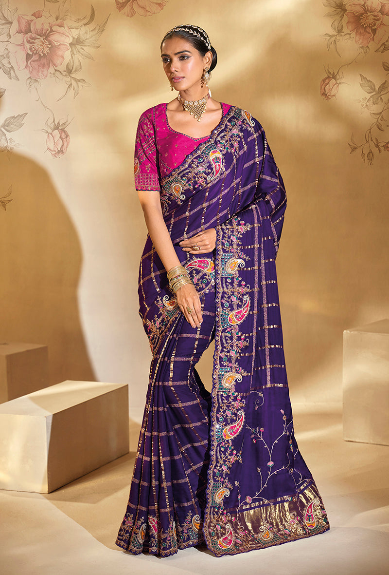 Monjolika Fashion Surpassing Purple Embroidery Cut Dana Moti Work Ziraf Silk Saree With Heavy Work Blouse Piece | Grocsy