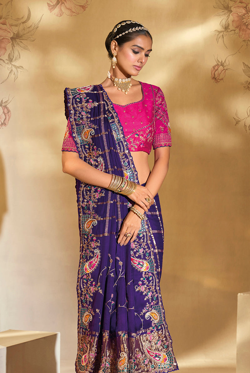 Monjolika Fashion Surpassing Purple Embroidery Cut Dana Moti Work Ziraf Silk Saree With Heavy Work Blouse Piece | Grocsy