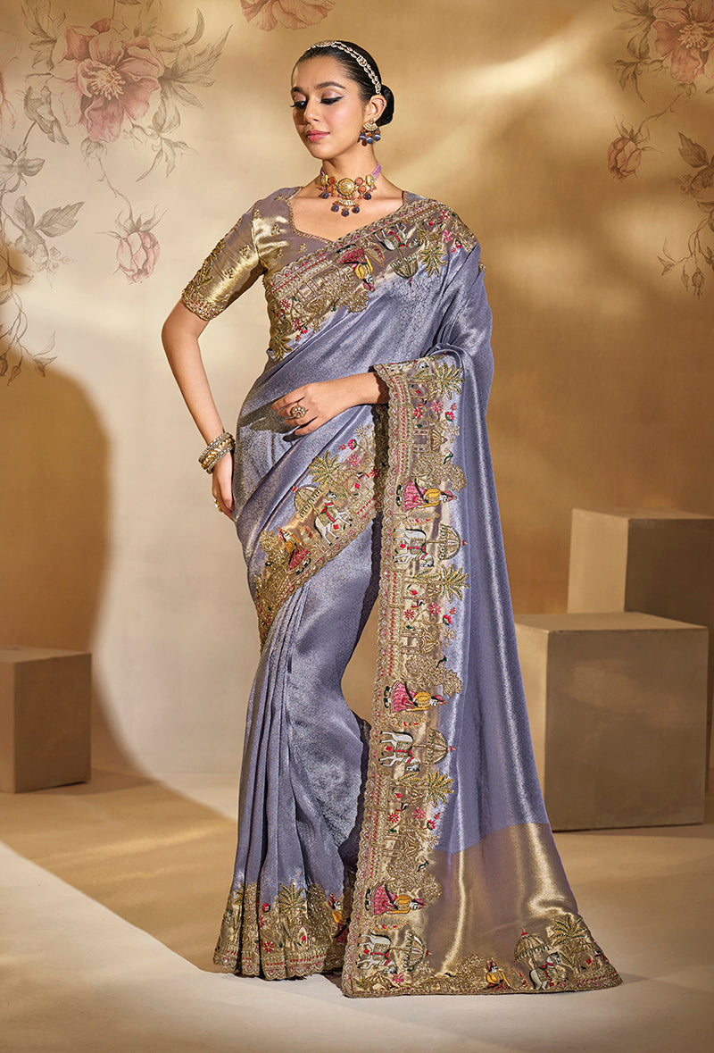 Monjolika Fashion Surpassing Lavender Embroidery Cut Dana Moti Work Ziraf Silk Saree With Heavy Work Blouse Piece | Grocsy