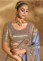 Monjolika Fashion Surpassing Lavender Embroidery Cut Dana Moti Work Ziraf Silk Saree With Heavy Work Blouse Piece | Grocsy
