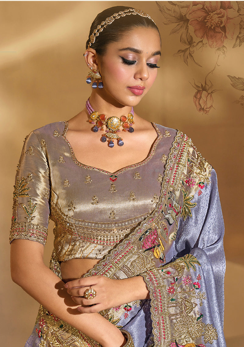 Monjolika Fashion Surpassing Lavender Embroidery Cut Dana Moti Work Ziraf Silk Saree With Heavy Work Blouse Piece | Grocsy
