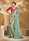 Monjolika Fashion Surpassing Sea green Embroidery Cut Dana Moti Work Kanchipuram Silk Saree | Grocsy