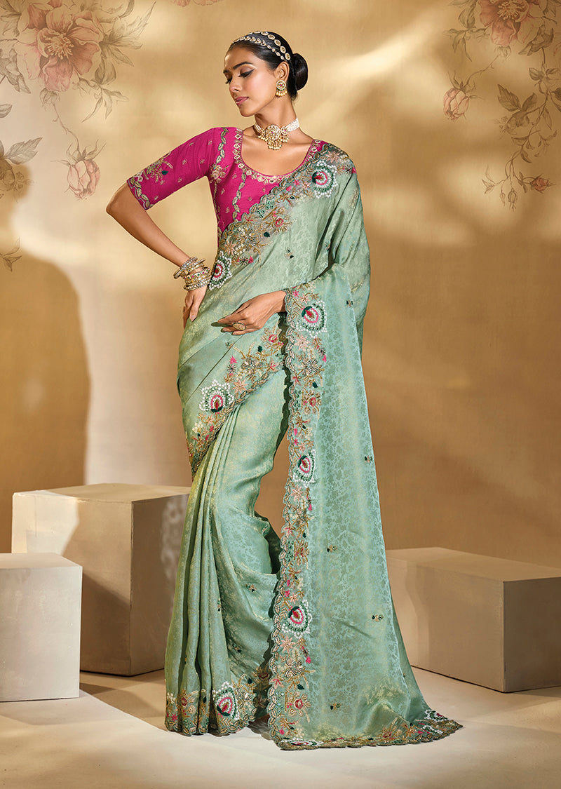 Monjolika Fashion Surpassing Sea green Embroidery Cut Dana Moti Work Kanchipuram Silk Saree | Grocsy