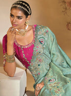 Monjolika Fashion Surpassing Sea green Embroidery Cut Dana Moti Work Kanchipuram Silk Saree | Grocsy