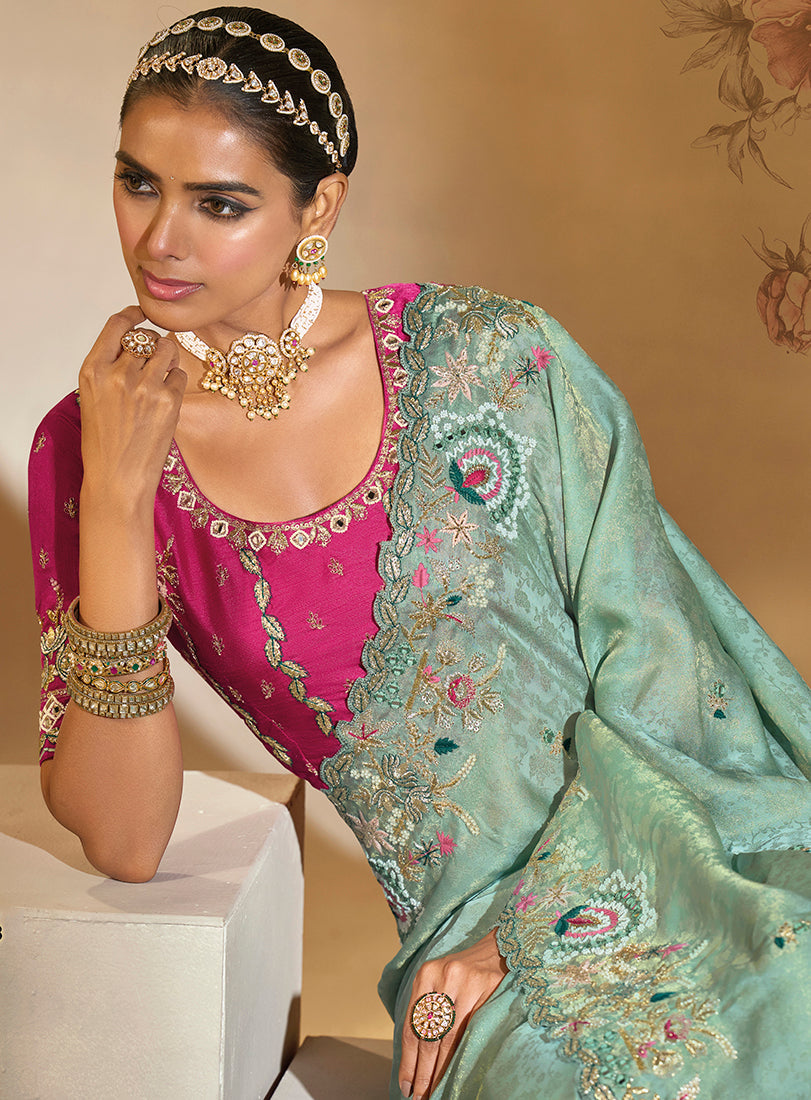 Monjolika Fashion Surpassing Sea green Embroidery Cut Dana Moti Work Kanchipuram Silk Saree | Grocsy