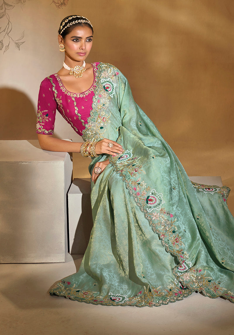 Monjolika Fashion Surpassing Sea green Embroidery Cut Dana Moti Work Kanchipuram Silk Saree | Grocsy