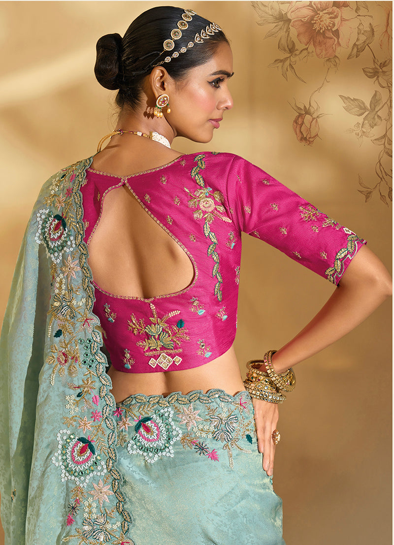 Monjolika Fashion Surpassing Sea green Embroidery Cut Dana Moti Work Kanchipuram Silk Saree | Grocsy