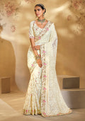 Monjolika Fashion Surpassing Off white Embroidery Cut Dana Moti Work Georgette Saree | Grocsy