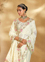 Monjolika Fashion Surpassing Off white Embroidery Cut Dana Moti Work Georgette Saree | Grocsy